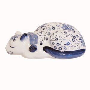 Vintage Chinese Porcelain Blue & White Floral Sleeping Cat Figurine 10-Inches